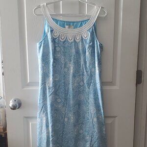 Women's tea-length light blue and whiite dress